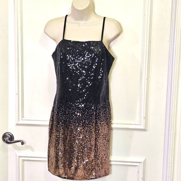 IRIS Black & Gold Ombre Sequin Cocktail Strappy Mini Dress,Medium - Picture 11 of 16